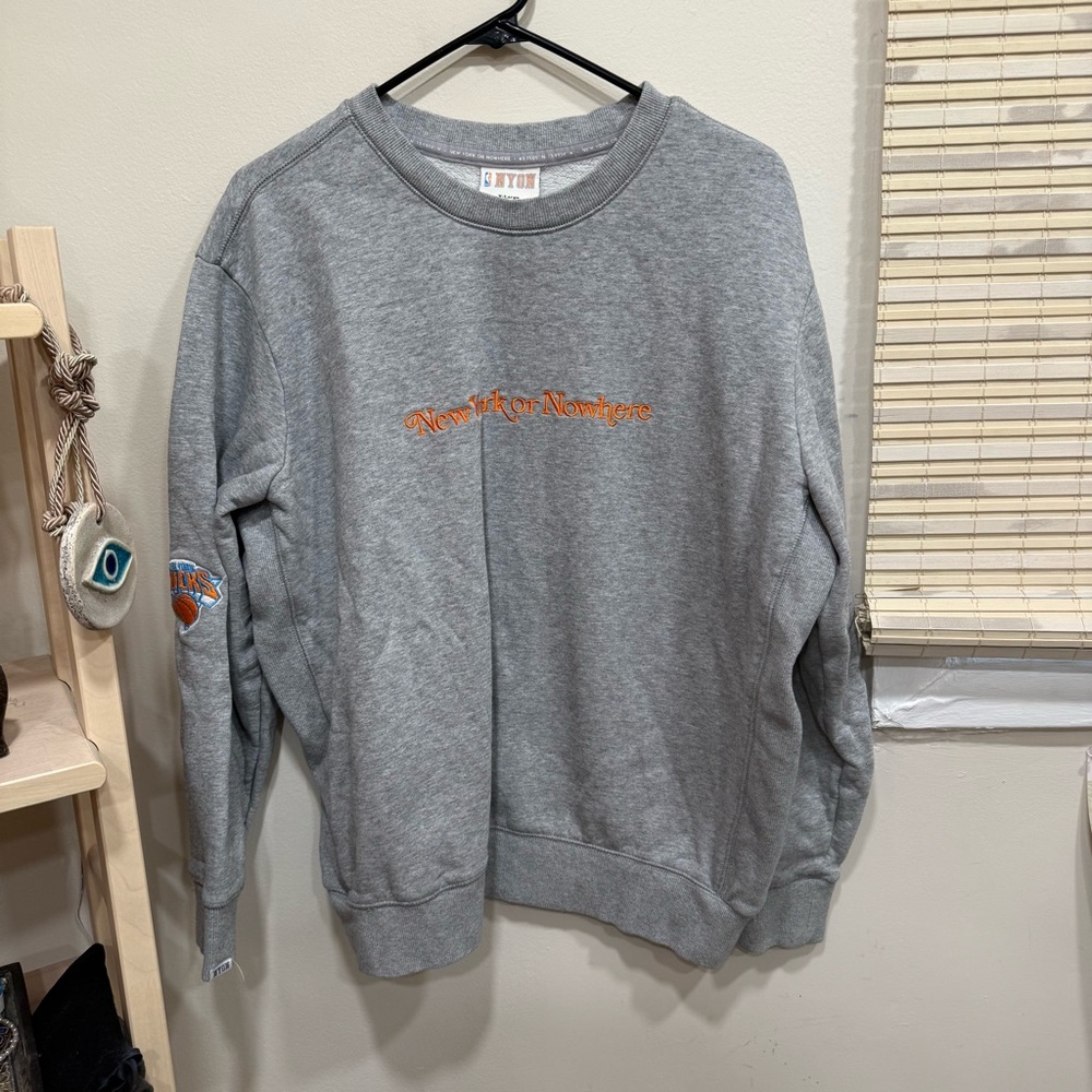 Gray Crewneck Sweater with Orange Accents